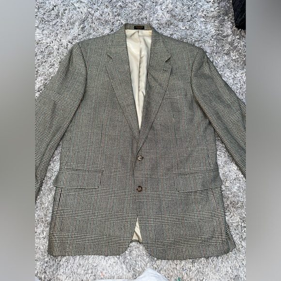 Oscar de la Renta Blazer Men 44L Tan Brown‎ Houndstooth 90% Silk 10% Wool EUC - Picture 1 of 9